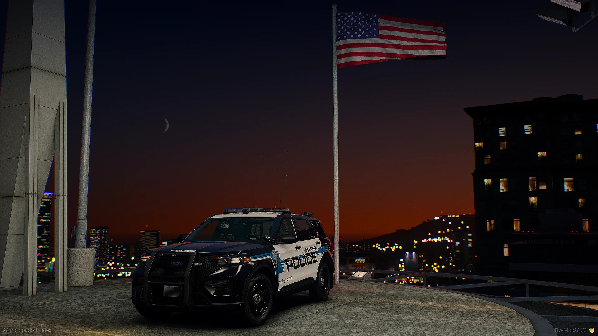 Los Santos Police SUV beneath an American flag, with city lights and a sunset in the background